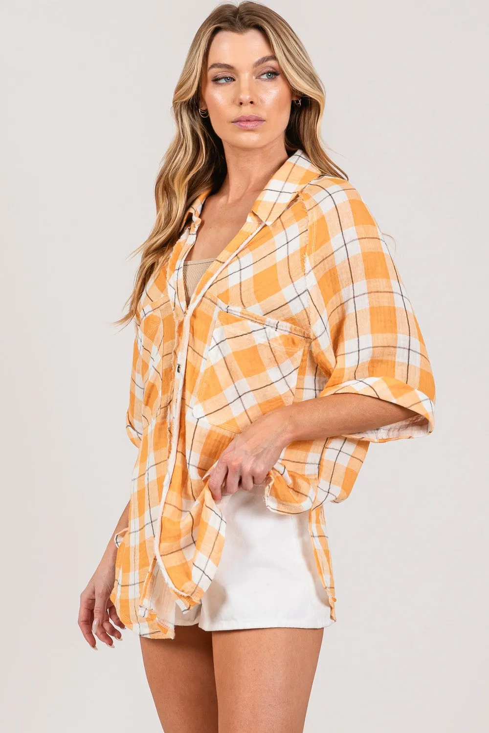 SAGE   FIG Plaid Button Up Side Slit Shirt