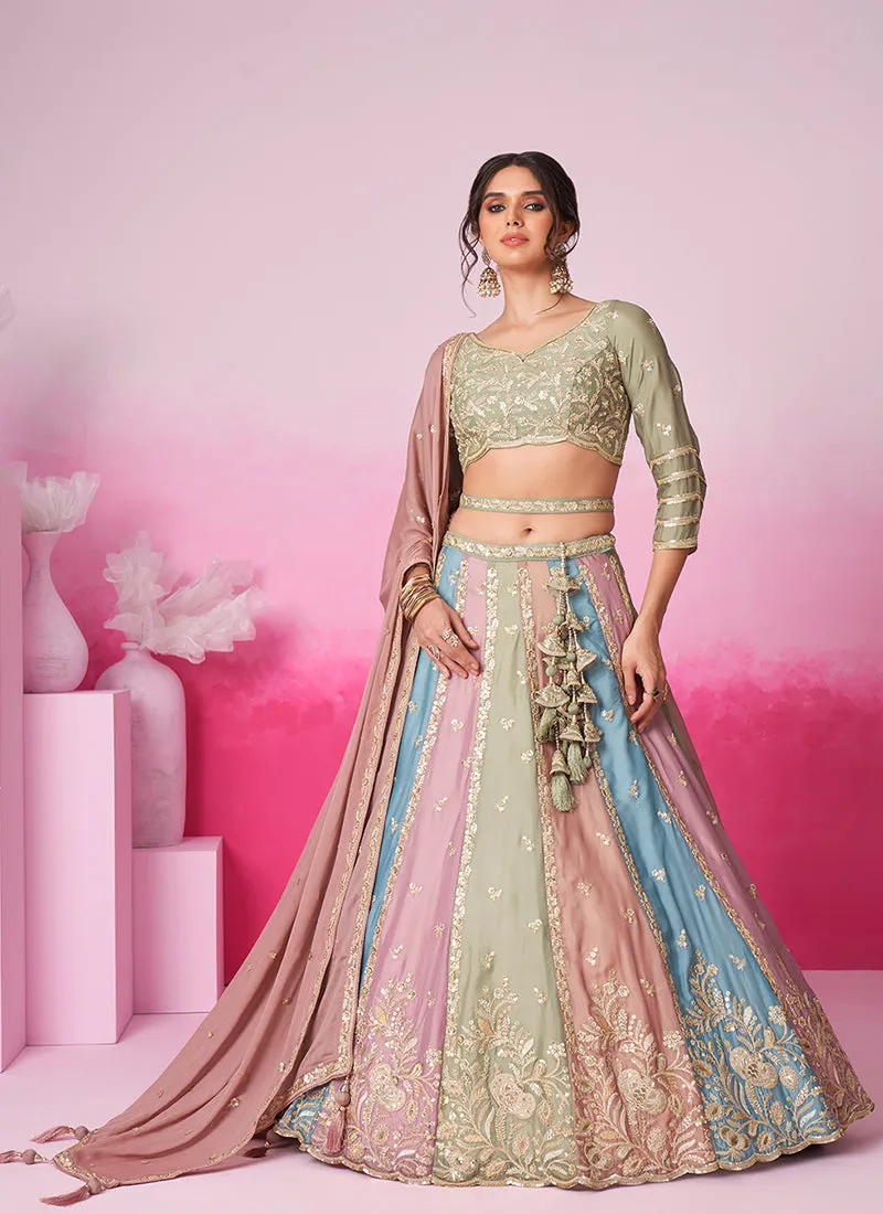 Sage Green And Multicolored Embroidered Bridal Lehenga Choli