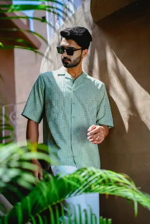 SAGE GREEN CUBAN COLLAR SHIRT WITH CUTWORK EMBROIDERY DETAILS