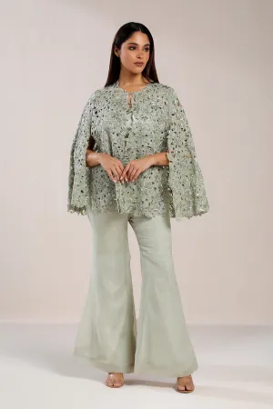 Sage Green Fully Embroidered Cutwork Cape And Pants Set