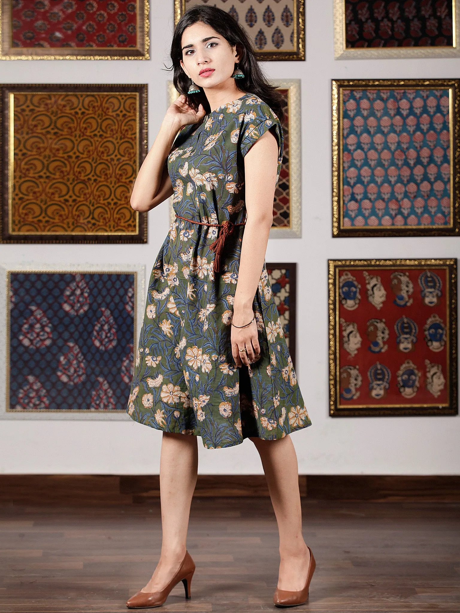 Sage Green Indigo Mustard Hand Block Printed Cotton Midi Dress - D245F1389