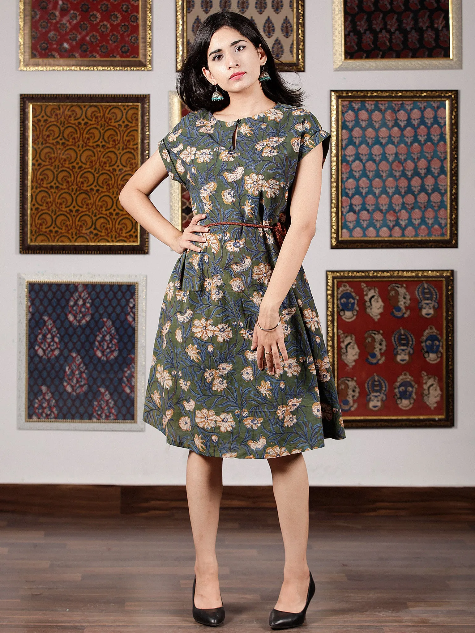 Sage Green Indigo Mustard Hand Block Printed Cotton Midi Dress - D245F1389