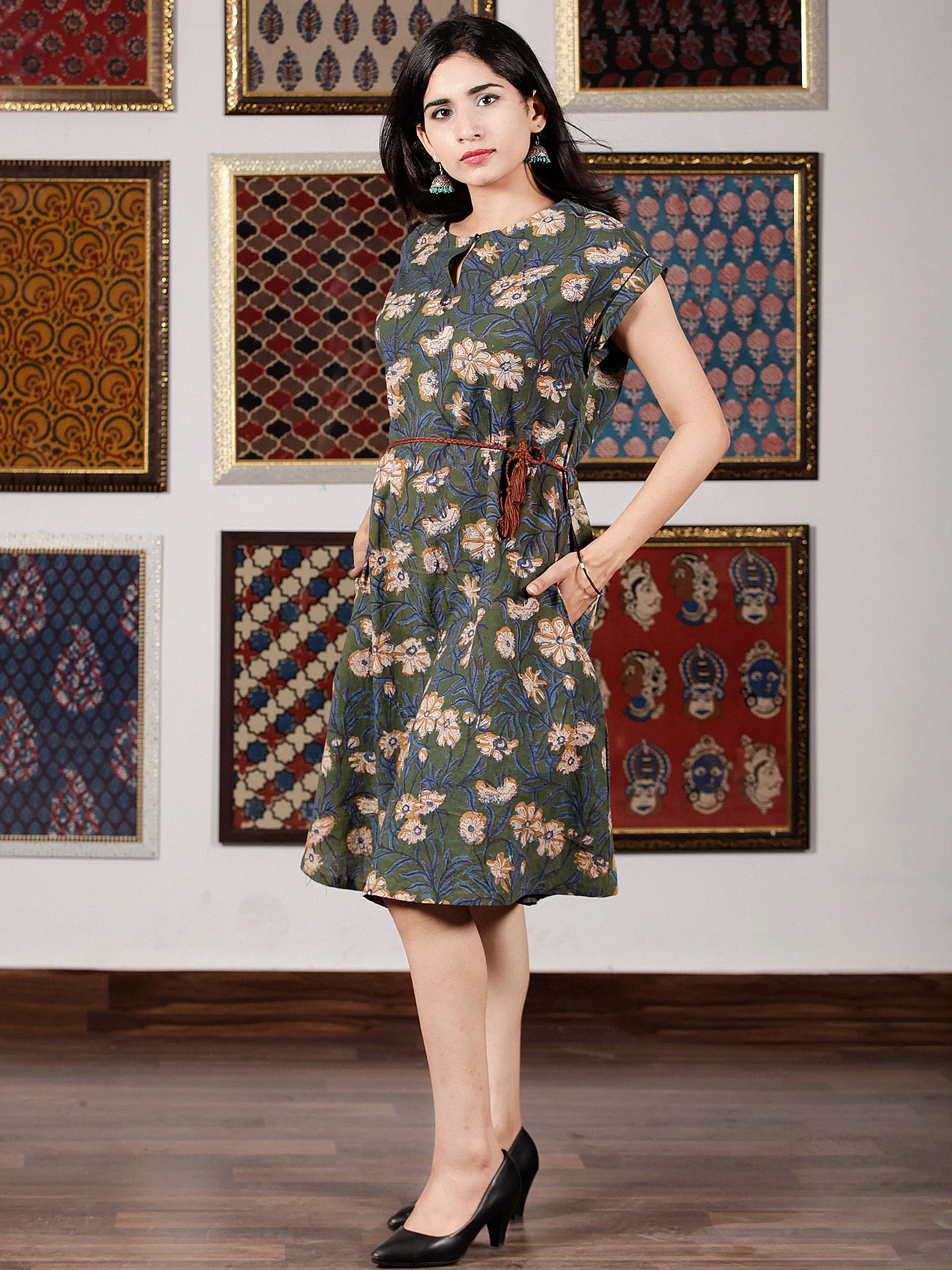 Sage Green Indigo Mustard Hand Block Printed Cotton Midi Dress - D245F1389