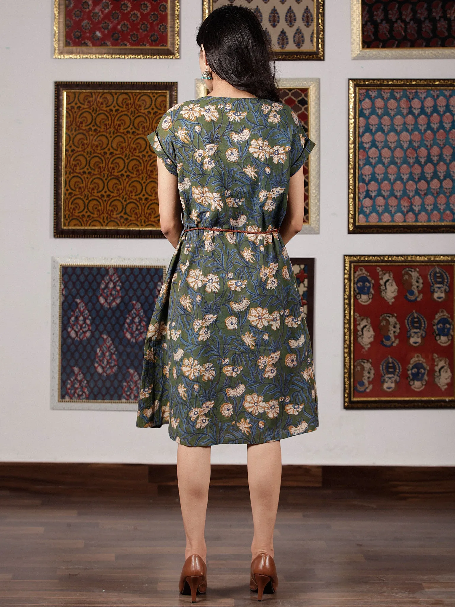 Sage Green Indigo Mustard Hand Block Printed Cotton Midi Dress - D245F1389