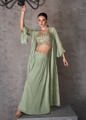 Sage Green Indo Western Style Party Wear Palazzo Suit