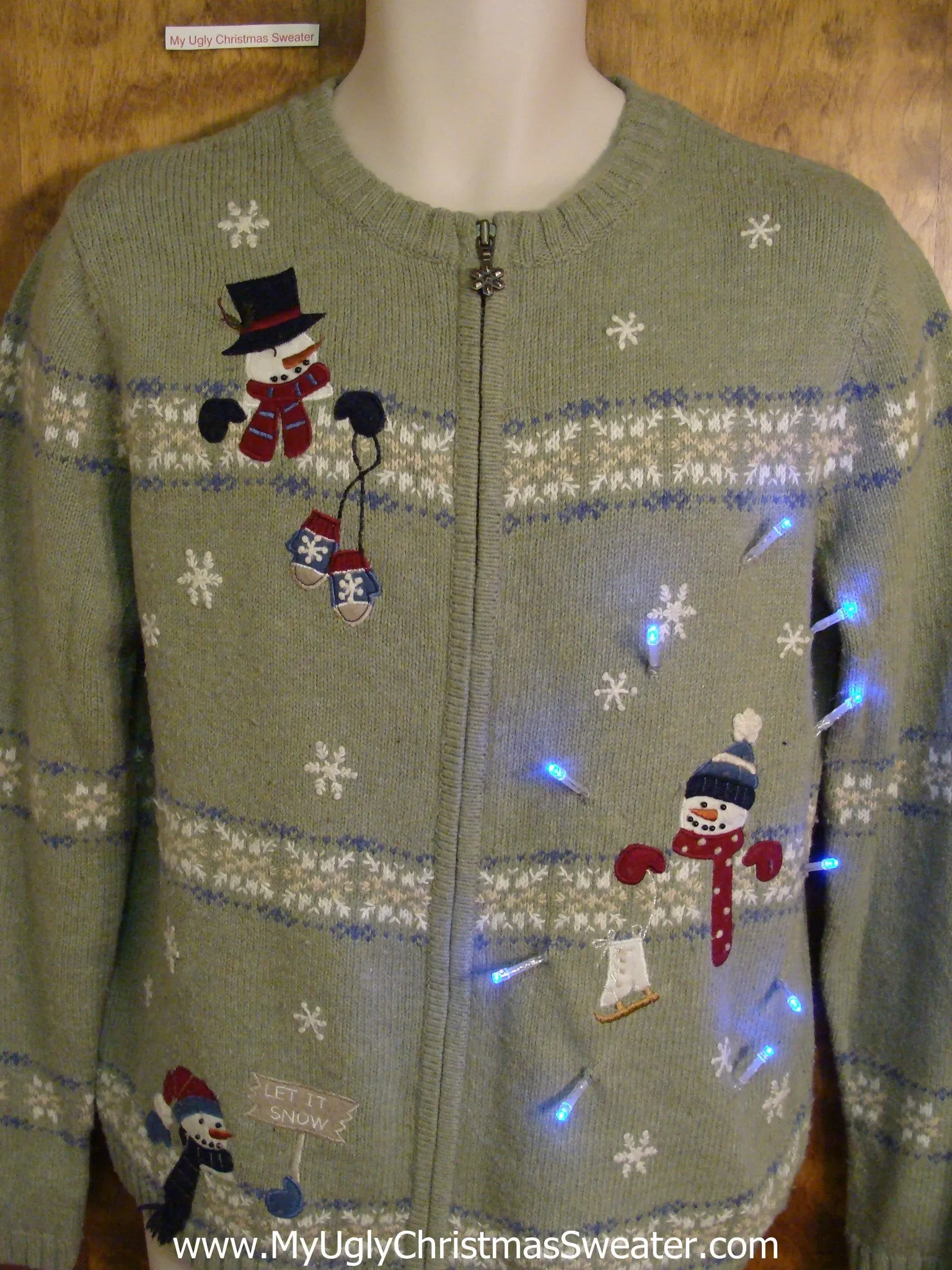 Sage Green Light Up Ugly Xmas Sweater with Snowmen