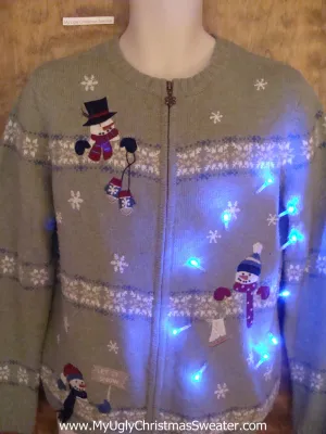 Sage Green Light Up Ugly Xmas Sweater with Snowmen