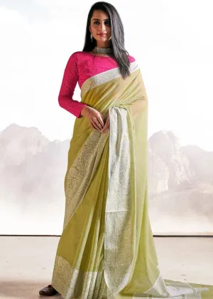 Sage Green Soft Linen Silk Saree with Lucknowi work and Sequence Blouse