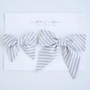 Sailor Bow Clip Or Headband / Gray Linen Stripe