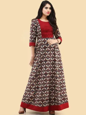 Saima - Hand Block Printed Long Cotton Dress With Back Knots  - D162F2061