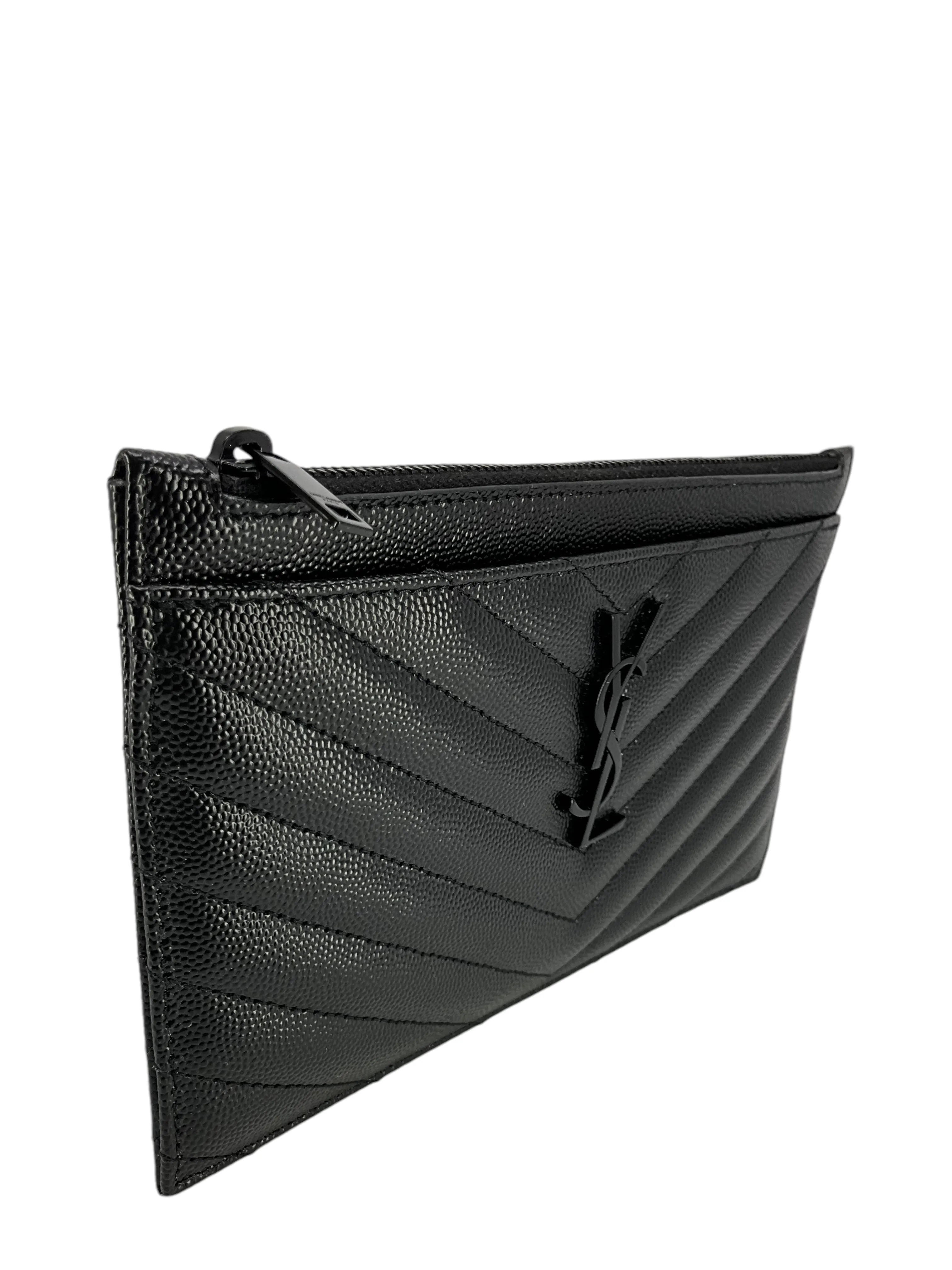 SAINT LAURENT Grain De Poudre Chevron Monogram Bill Pouch NEW