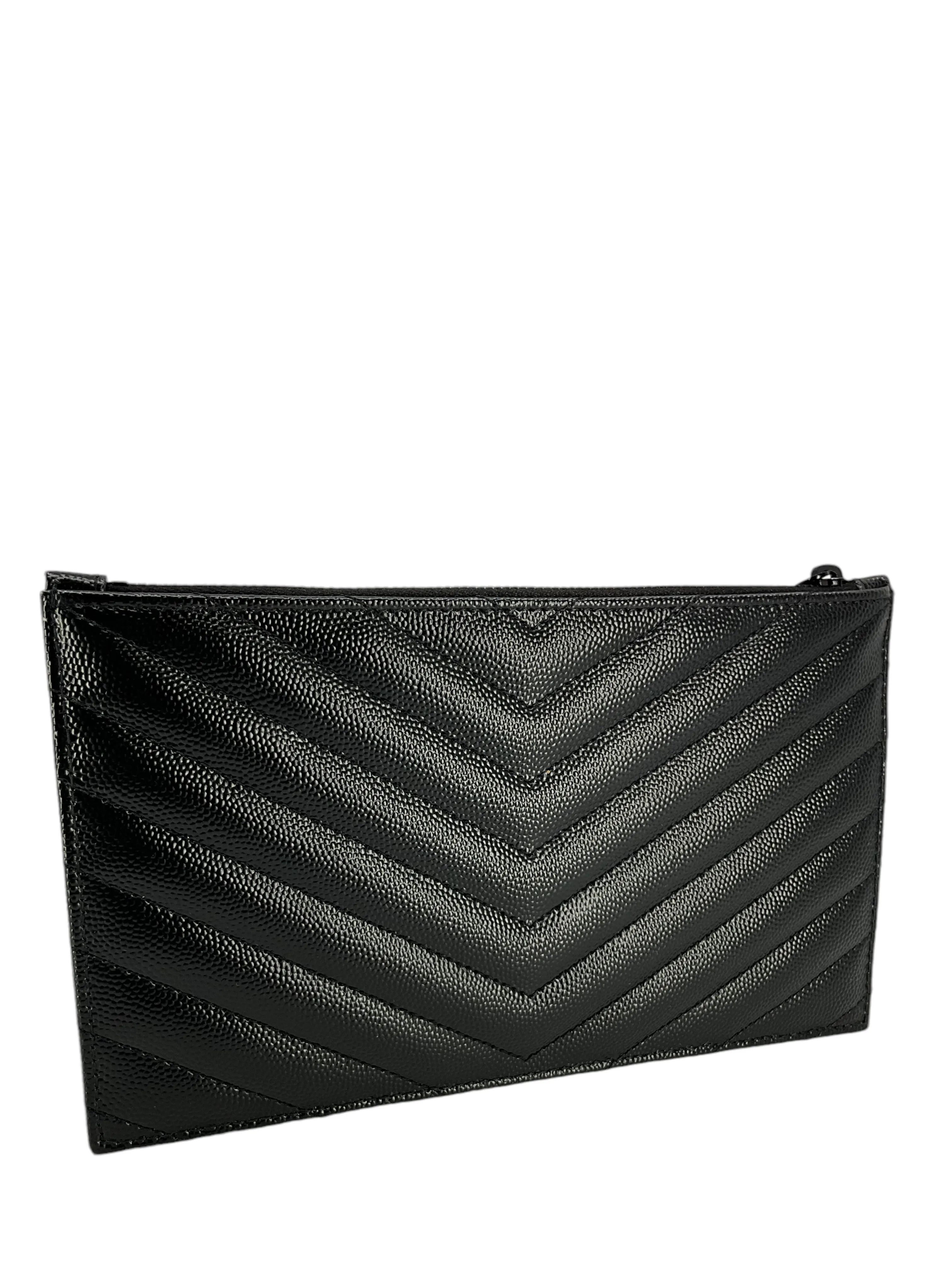 SAINT LAURENT Grain De Poudre Chevron Monogram Bill Pouch NEW