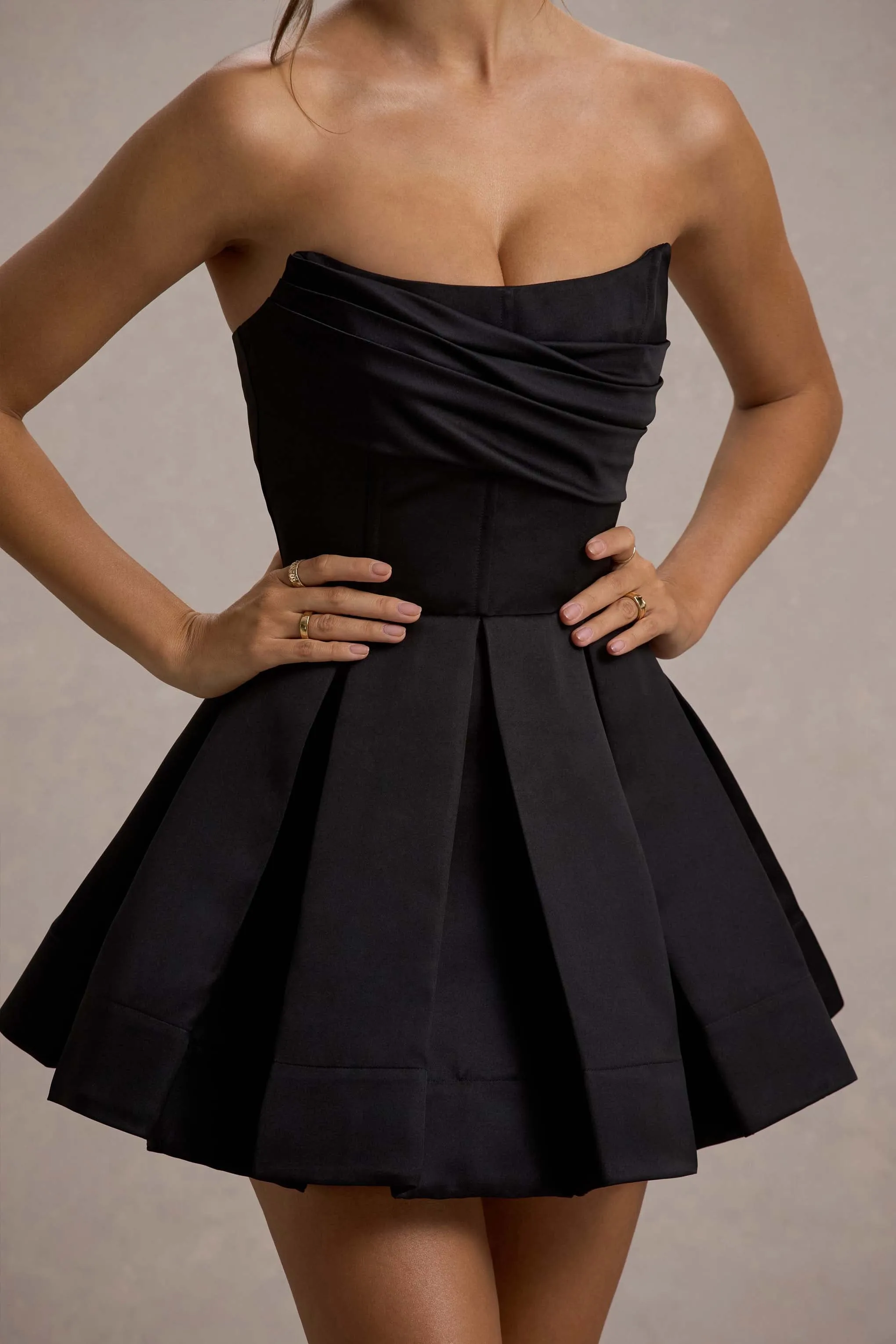 Saira | Black Satin Strapless Skater Mini Dress