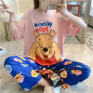 Sajiero Cotton Printed Winnie Pooh Pajama suit Baby pink