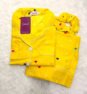 Sajiero Galaxy Boski Linen  Printed Pajama Suit Multi Yellow