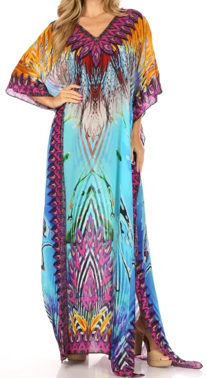 Sakkas Anahi Flowy Design V Neck Long Caftan Dress / Cover Up With Rhinestone