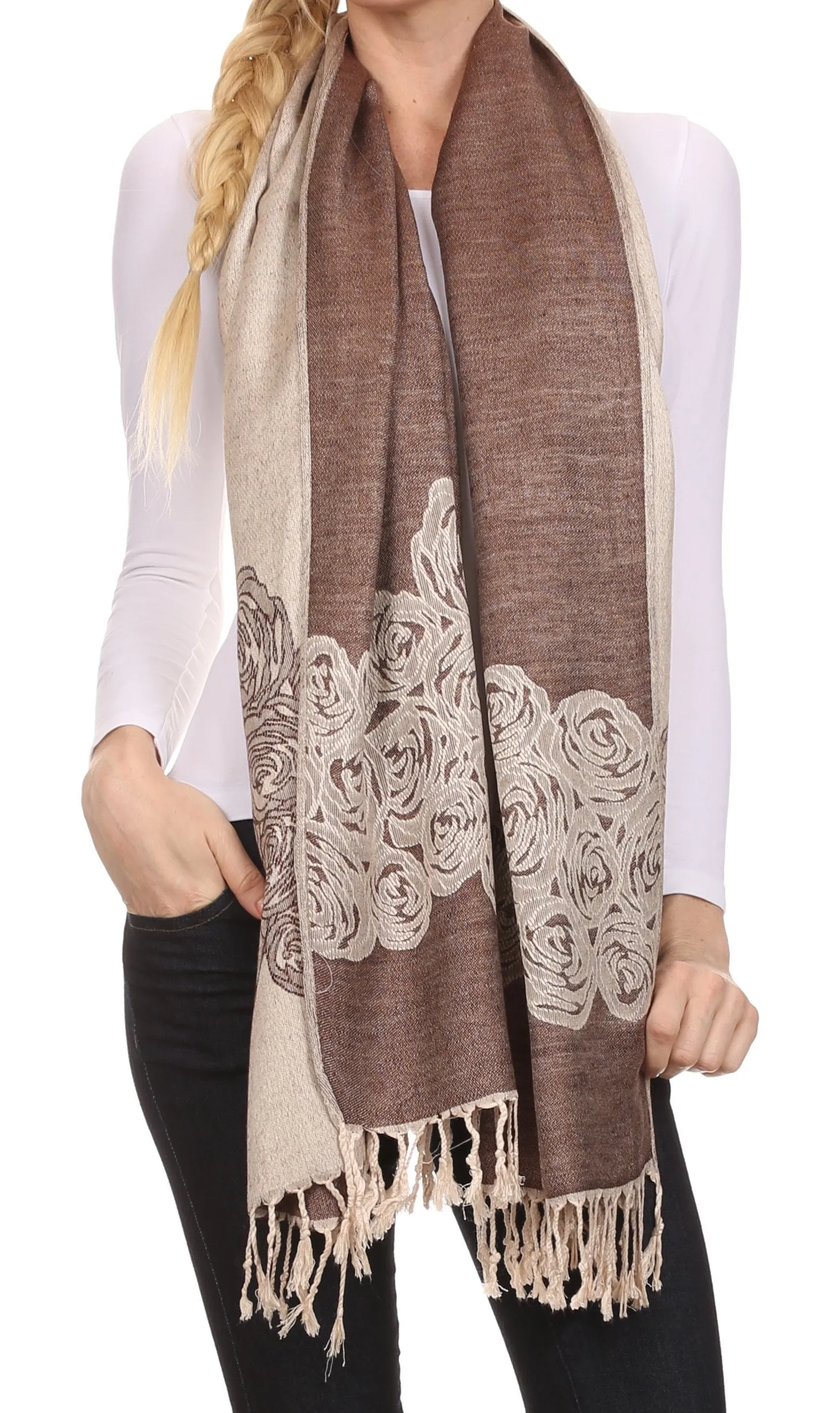 Sakkas Aubry dual colored ranunculus border soft Pashmina/ Shawl/ Wrap/ Stole