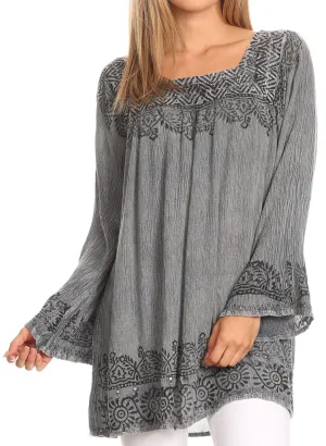 Sakkas Elena Tribal Nature Square Neck Bell Sleeve Stonewashed Top