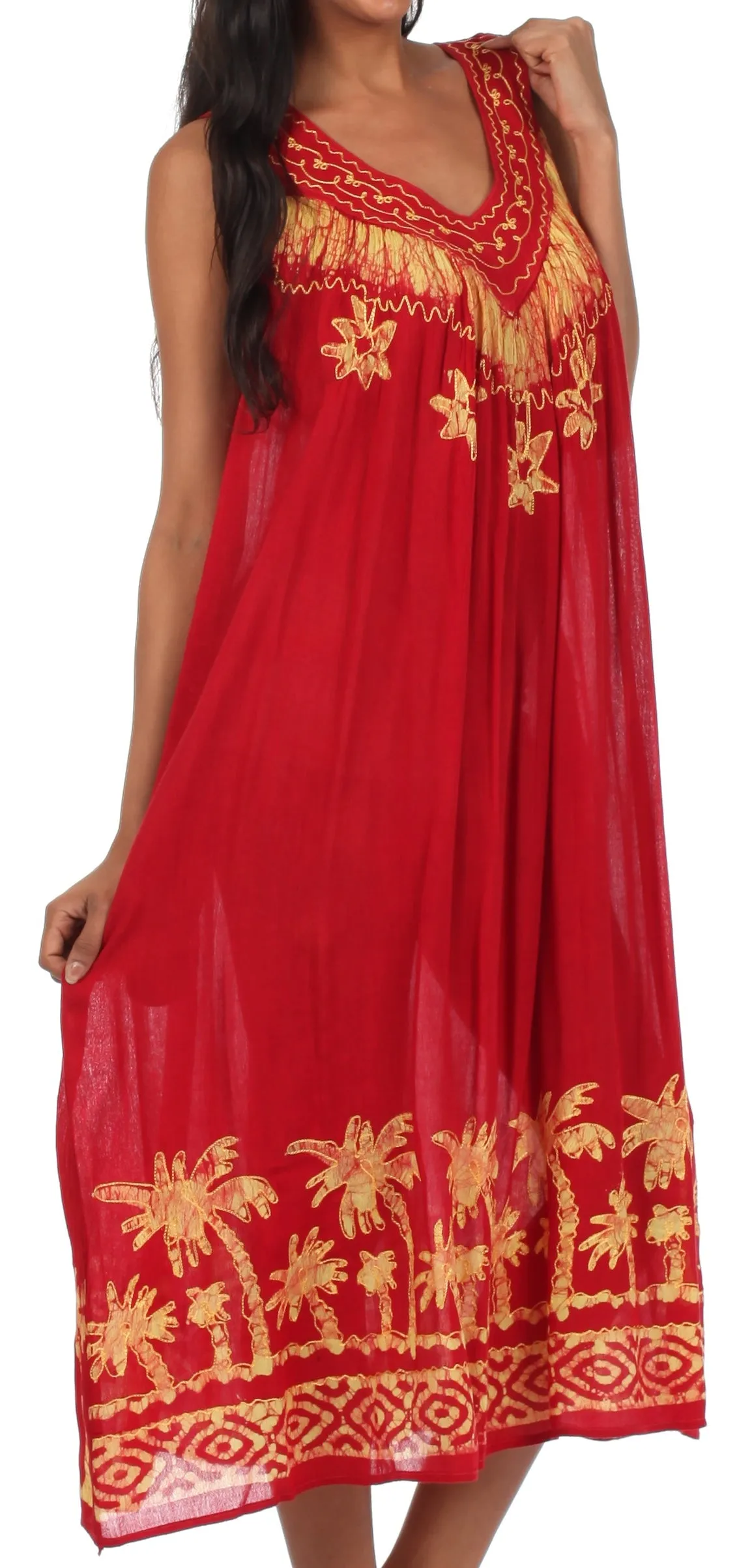 Sakkas Embroidered Palm Tree V-Neck Caftan Cotton Dress