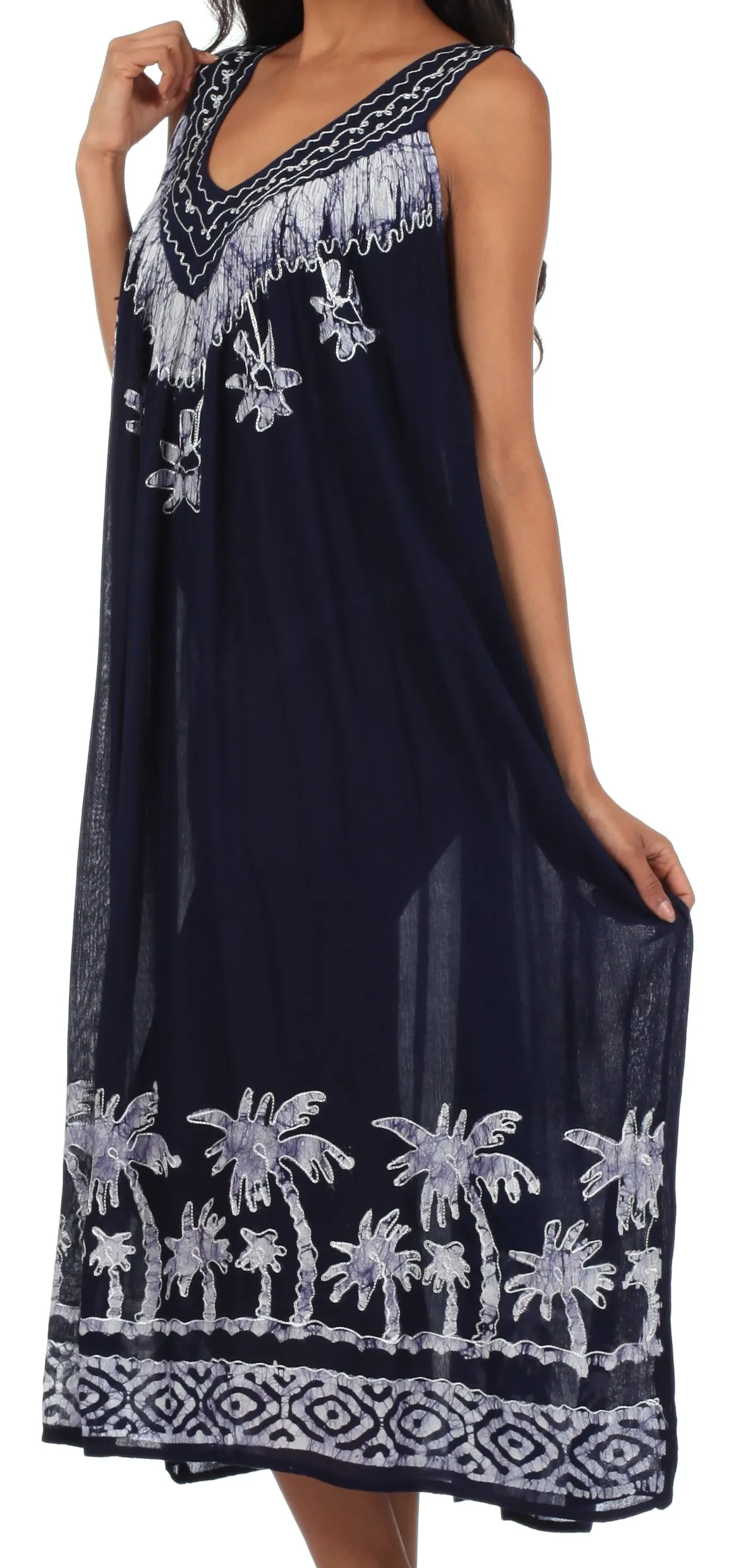 Sakkas Embroidered Palm Tree V-Neck Caftan Cotton Dress