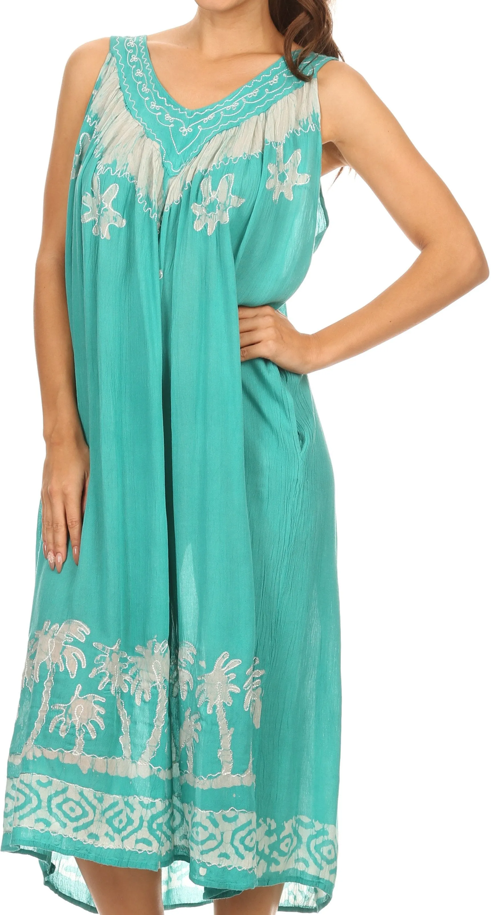 Sakkas Embroidered Palm Tree V-Neck Caftan Cotton Dress