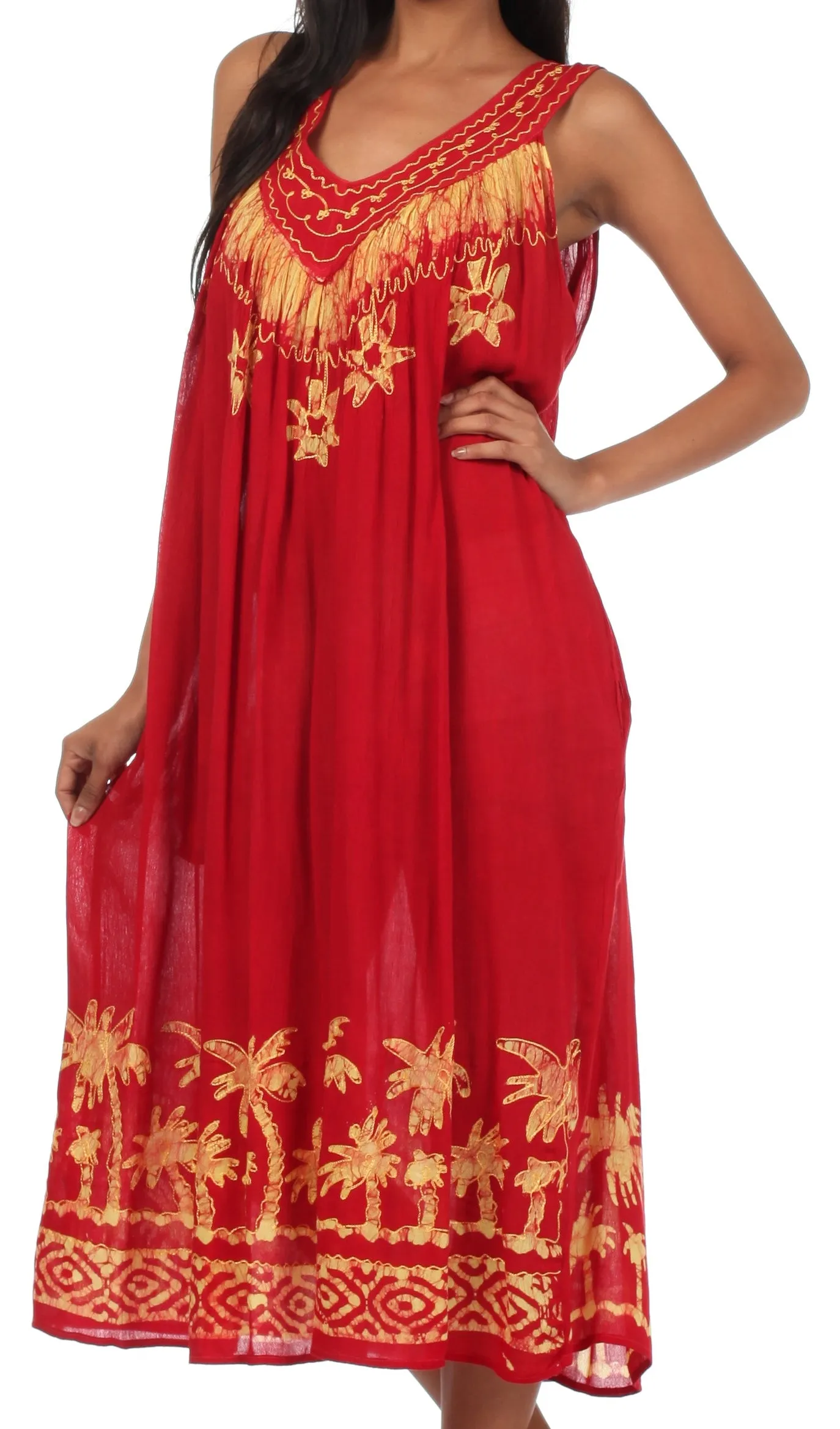 Sakkas Embroidered Palm Tree V-Neck Caftan Cotton Dress