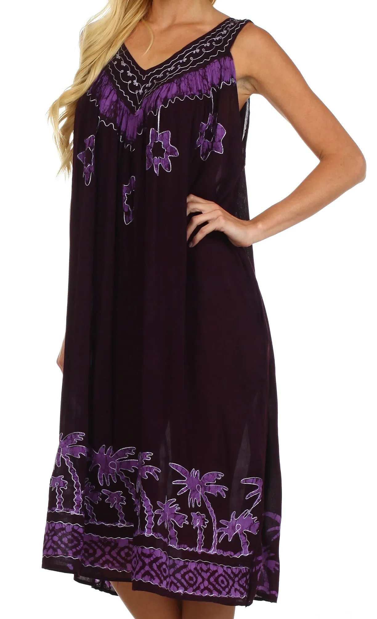 Sakkas Embroidered Palm Tree V-Neck Caftan Cotton Dress