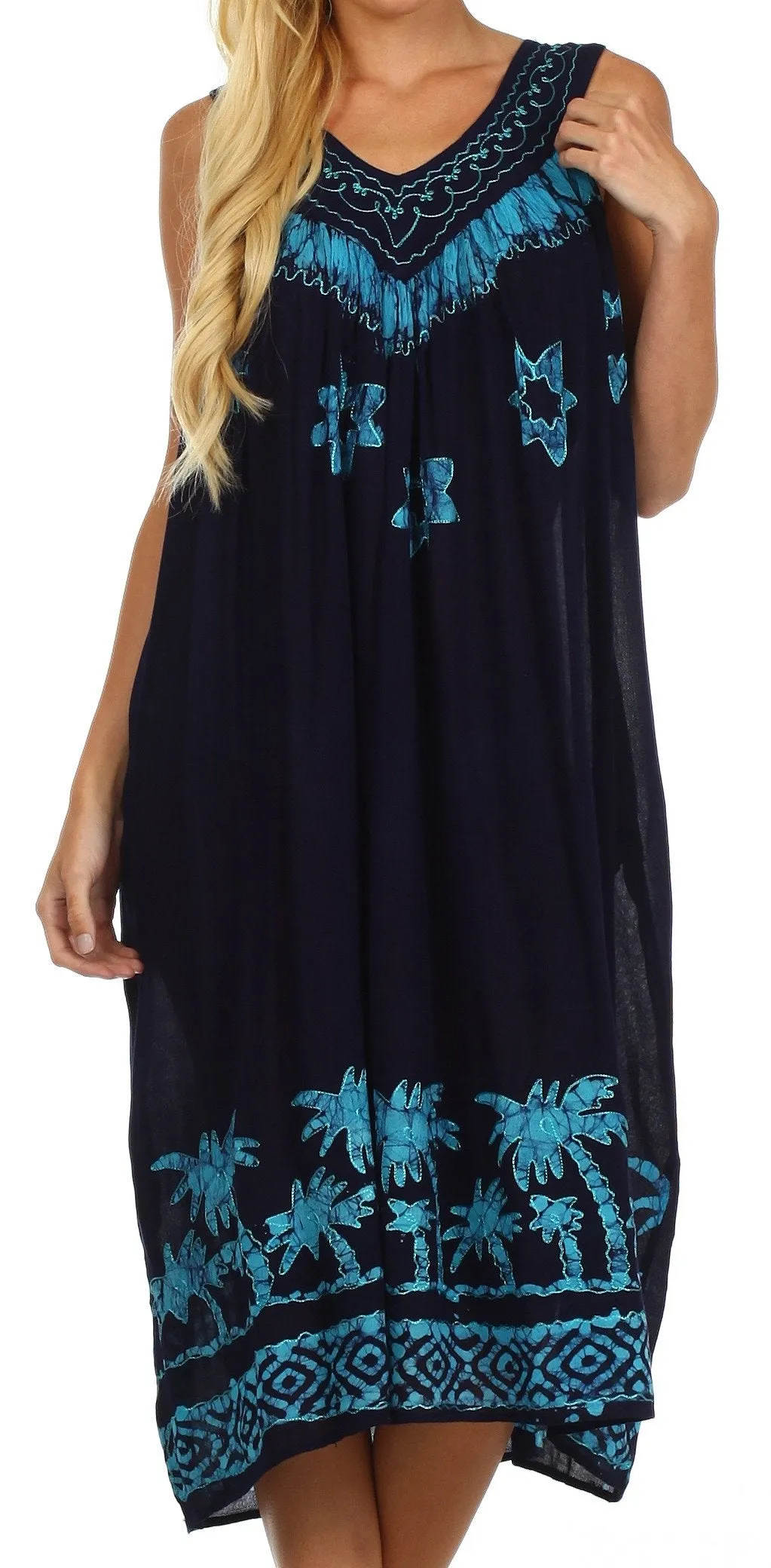 Sakkas Embroidered Palm Tree V-Neck Caftan Cotton Dress