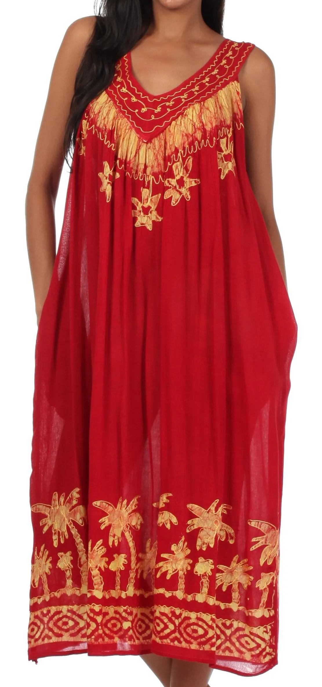 Sakkas Embroidered Palm Tree V-Neck Caftan Cotton Dress