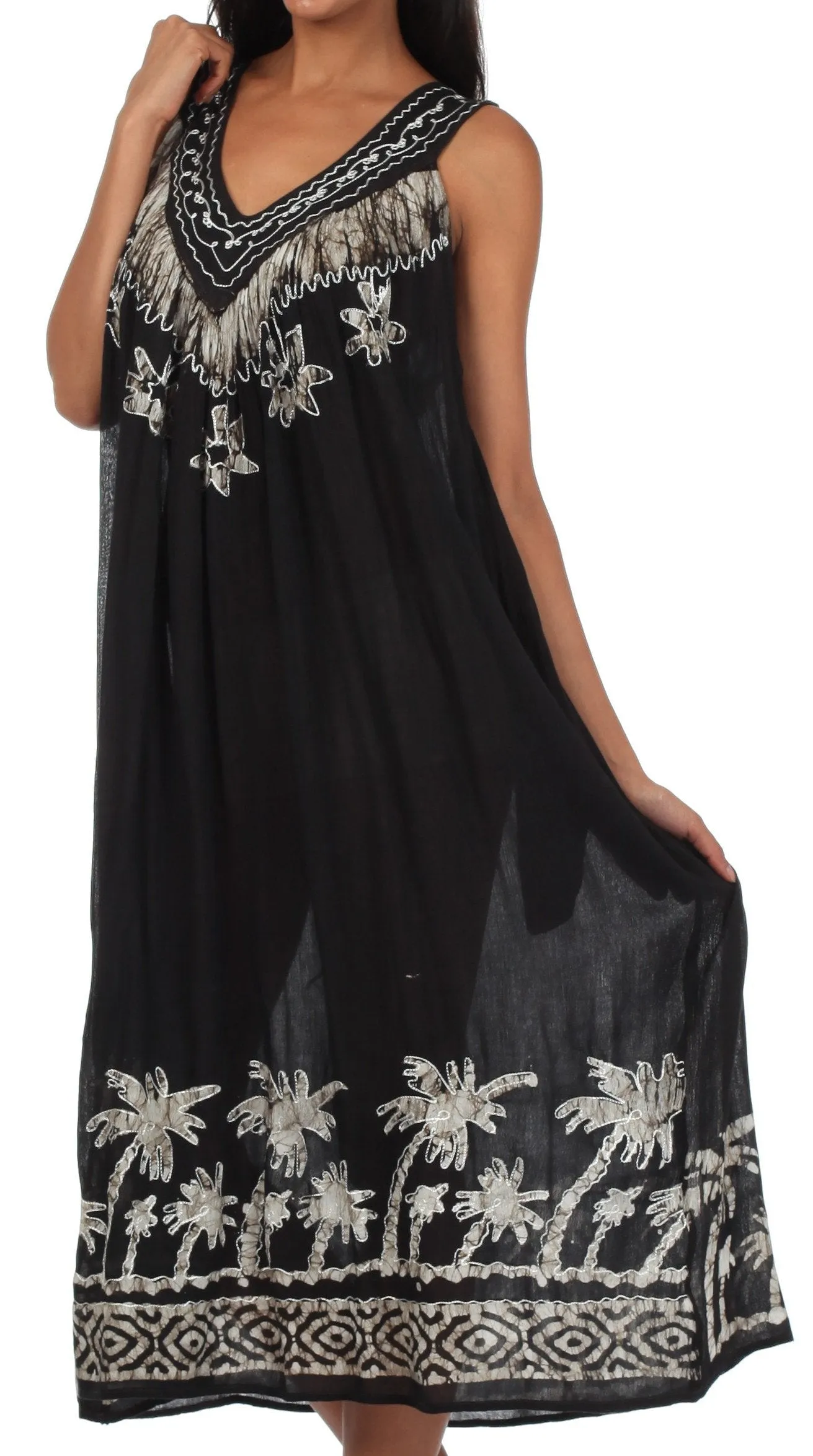 Sakkas Embroidered Palm Tree V-Neck Caftan Cotton Dress