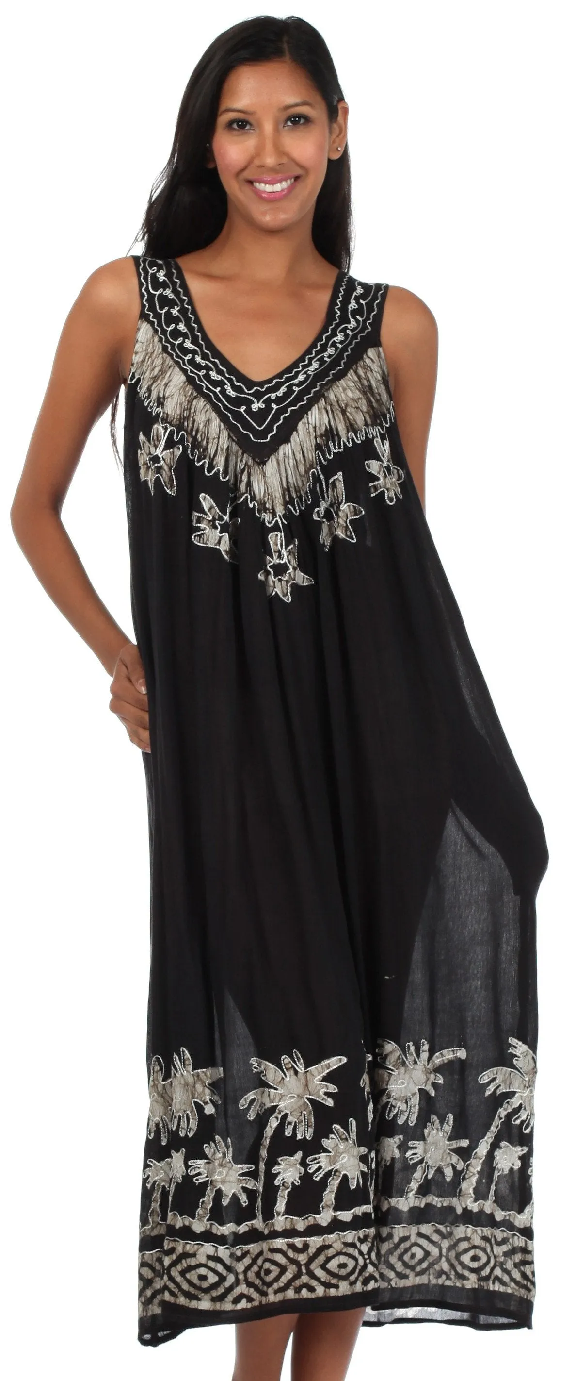 Sakkas Embroidered Palm Tree V-Neck Caftan Cotton Dress