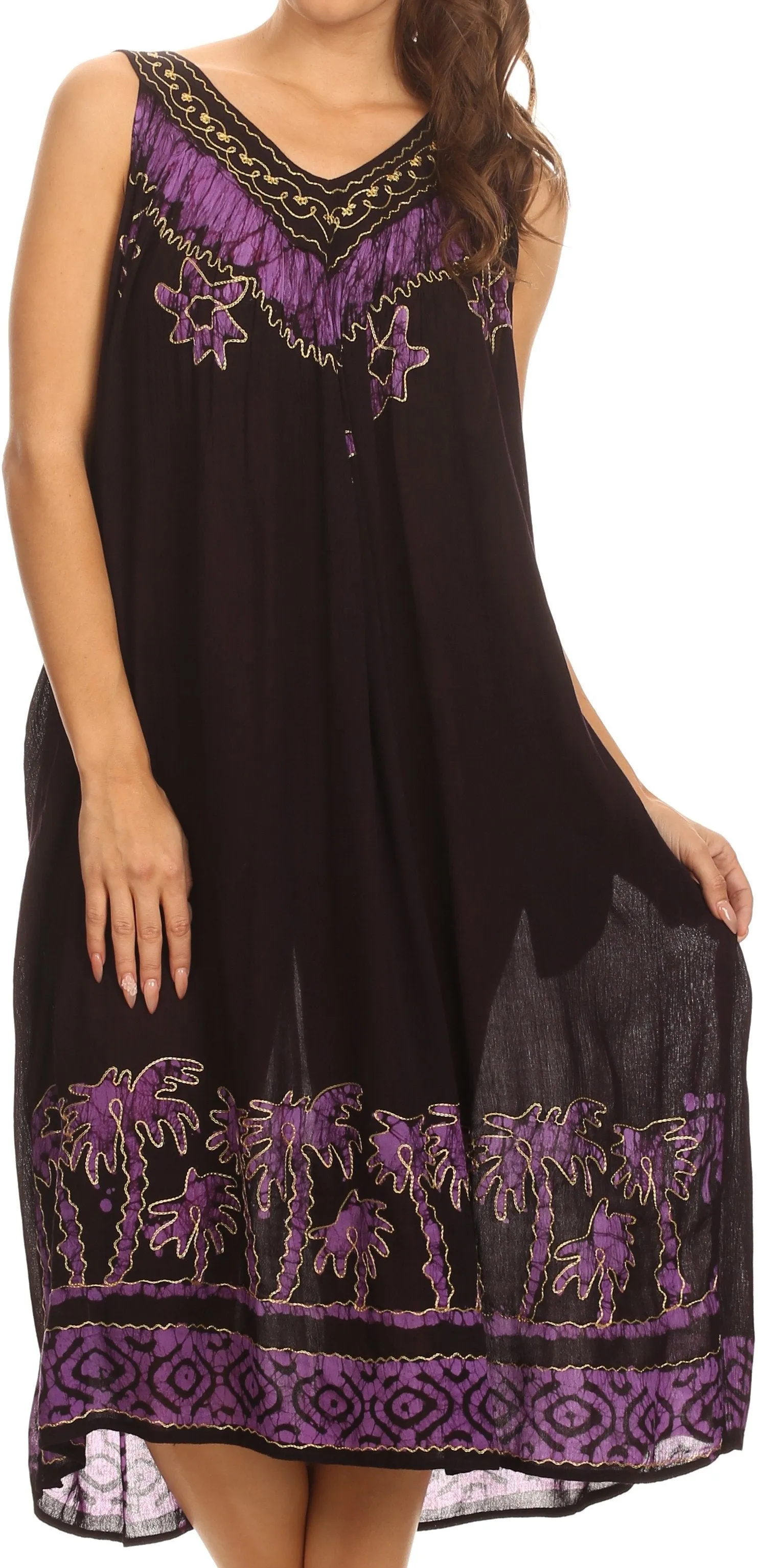 Sakkas Embroidered Palm Tree V-Neck Caftan Cotton Dress