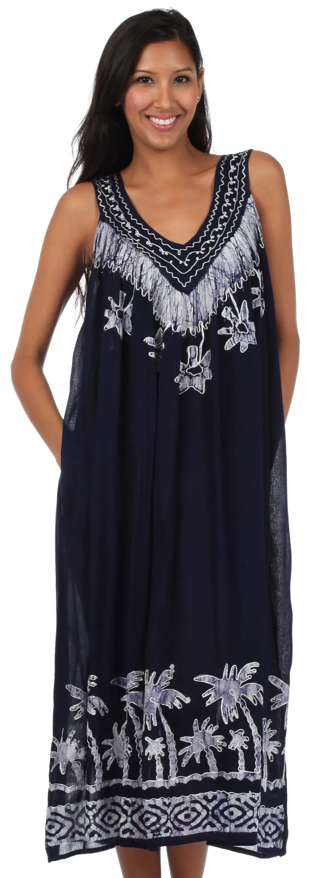 Sakkas Embroidered Palm Tree V-Neck Caftan Cotton Dress