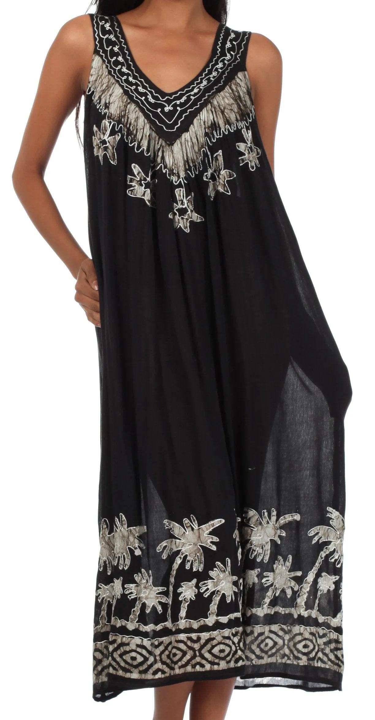 Sakkas Embroidered Palm Tree V-Neck Caftan Cotton Dress