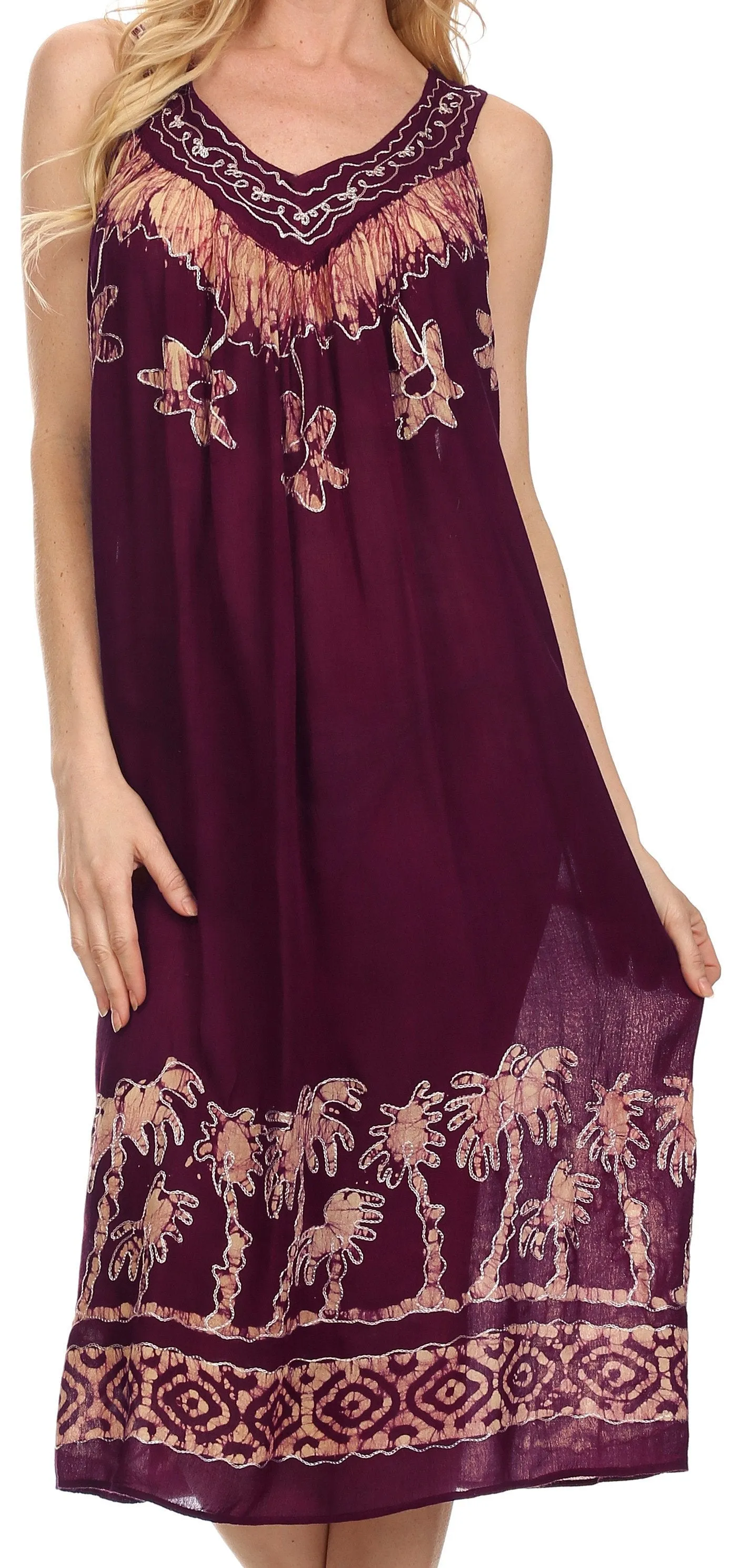 Sakkas Embroidered Palm Tree V-Neck Caftan Cotton Dress