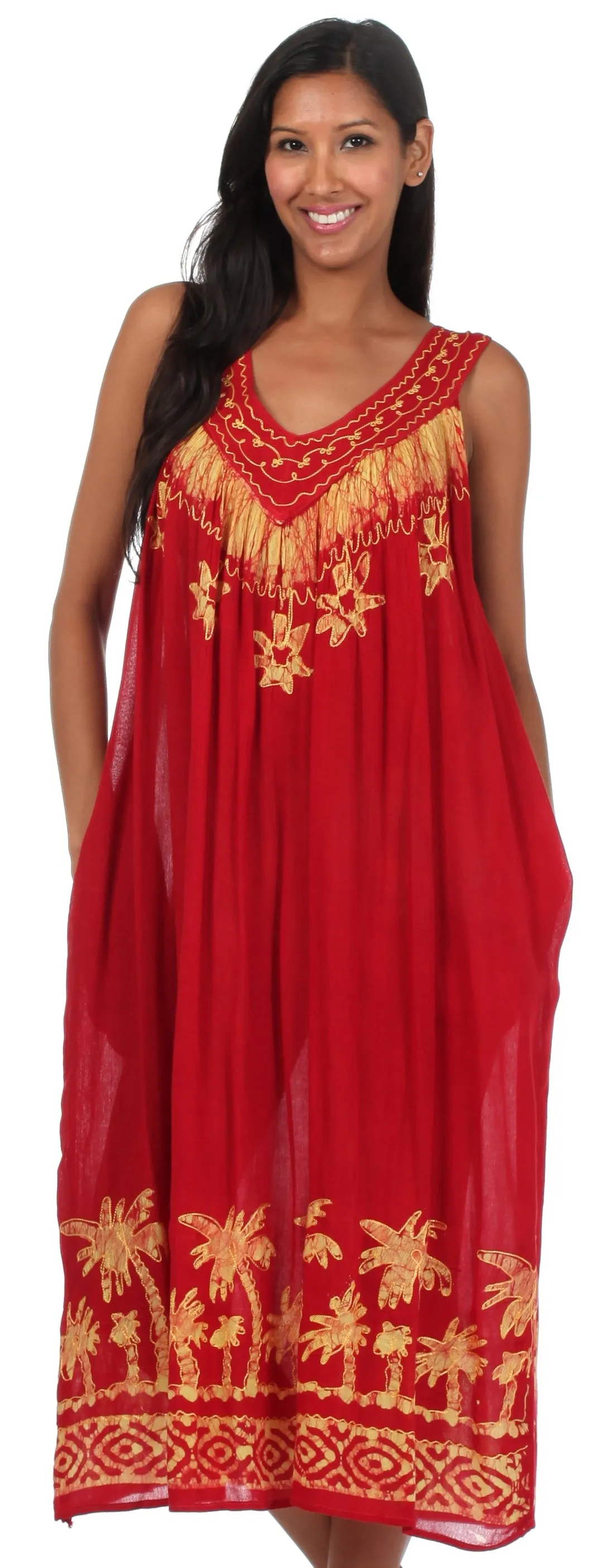 Sakkas Embroidered Palm Tree V-Neck Caftan Cotton Dress