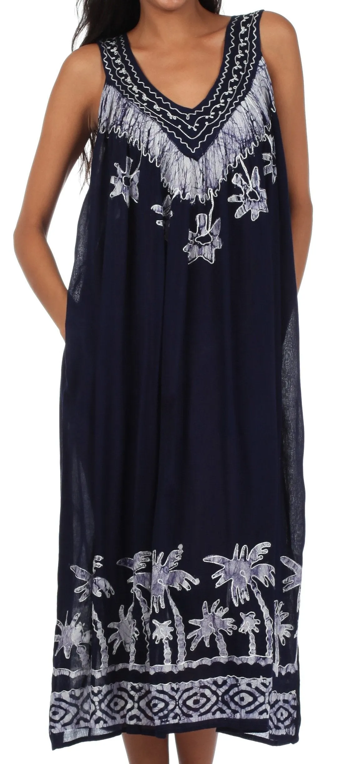 Sakkas Embroidered Palm Tree V-Neck Caftan Cotton Dress