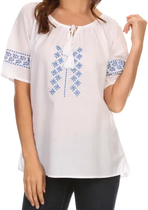 Sakkas Jeanita Embroidered Cotton Boho Short Sleeve Top Blouse With Front Tie