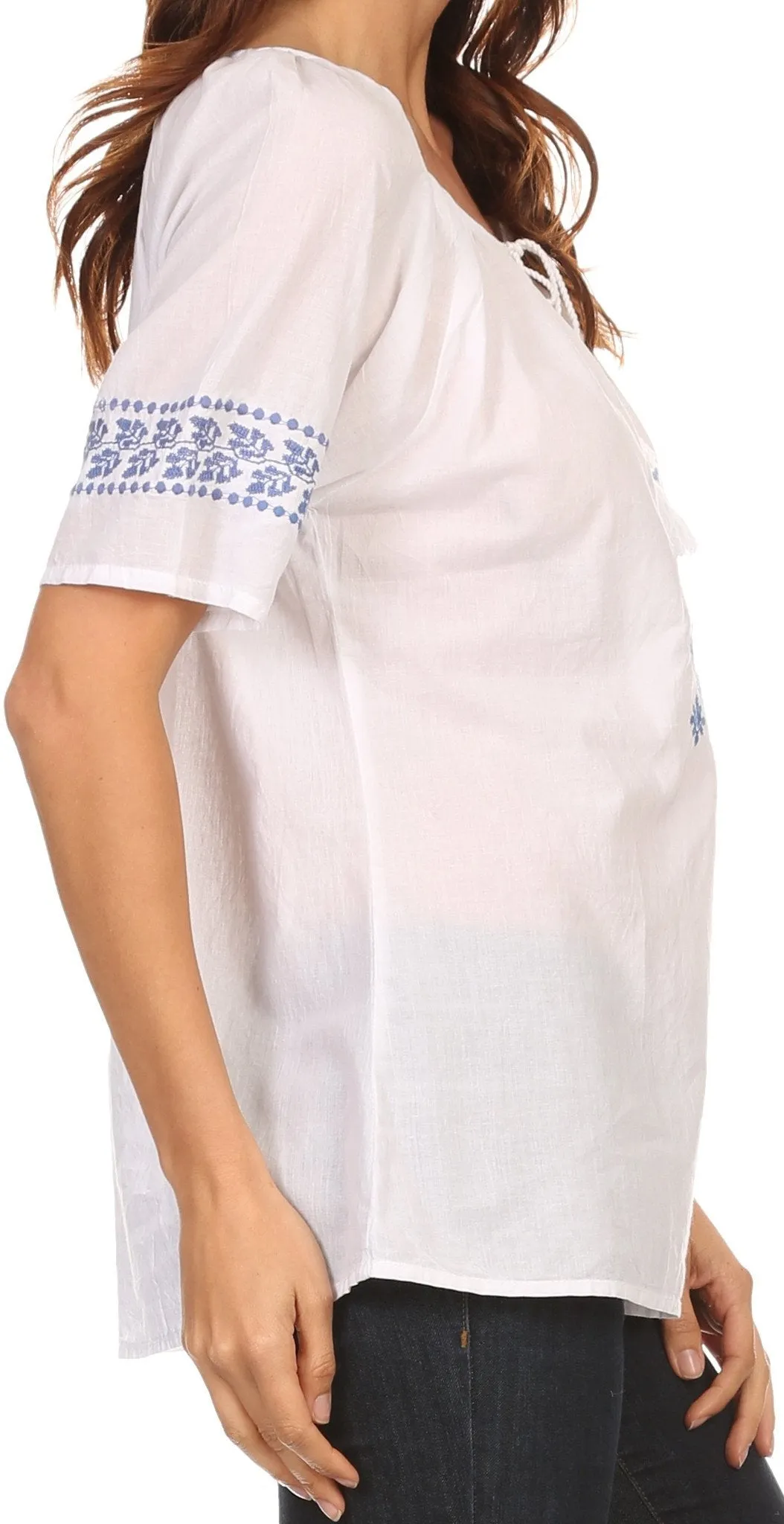 Sakkas Jeanita Embroidered Cotton Boho Short Sleeve Top Blouse With Front Tie