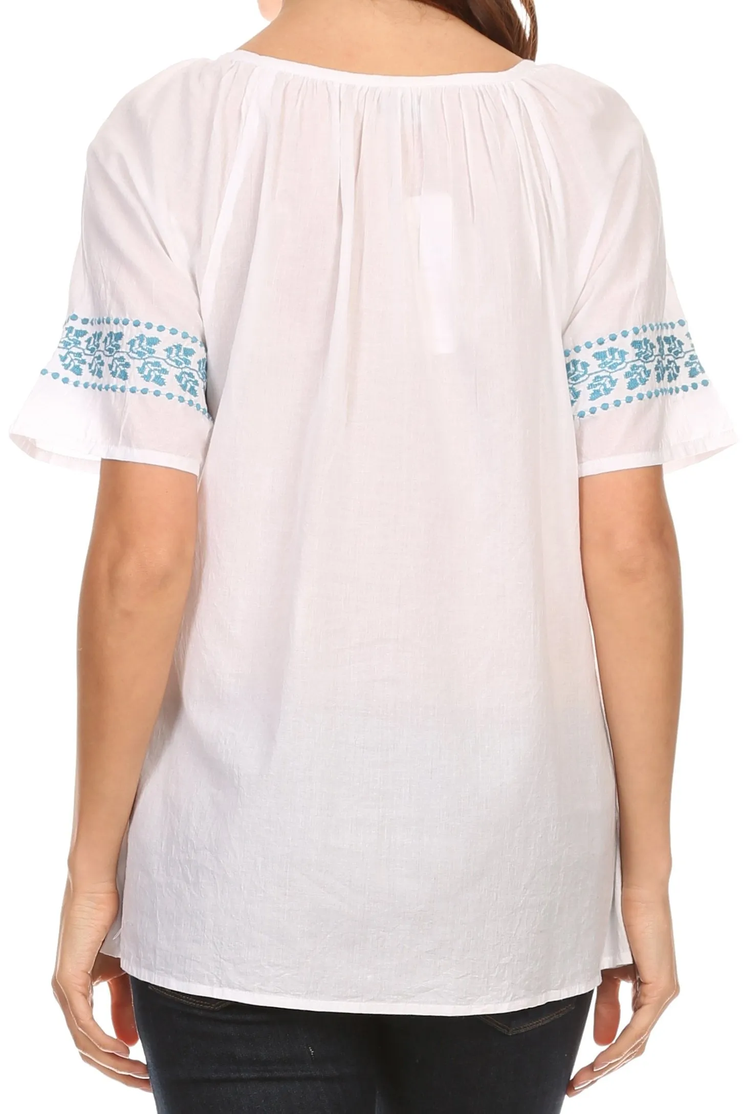 Sakkas Jeanita Embroidered Cotton Boho Short Sleeve Top Blouse With Front Tie