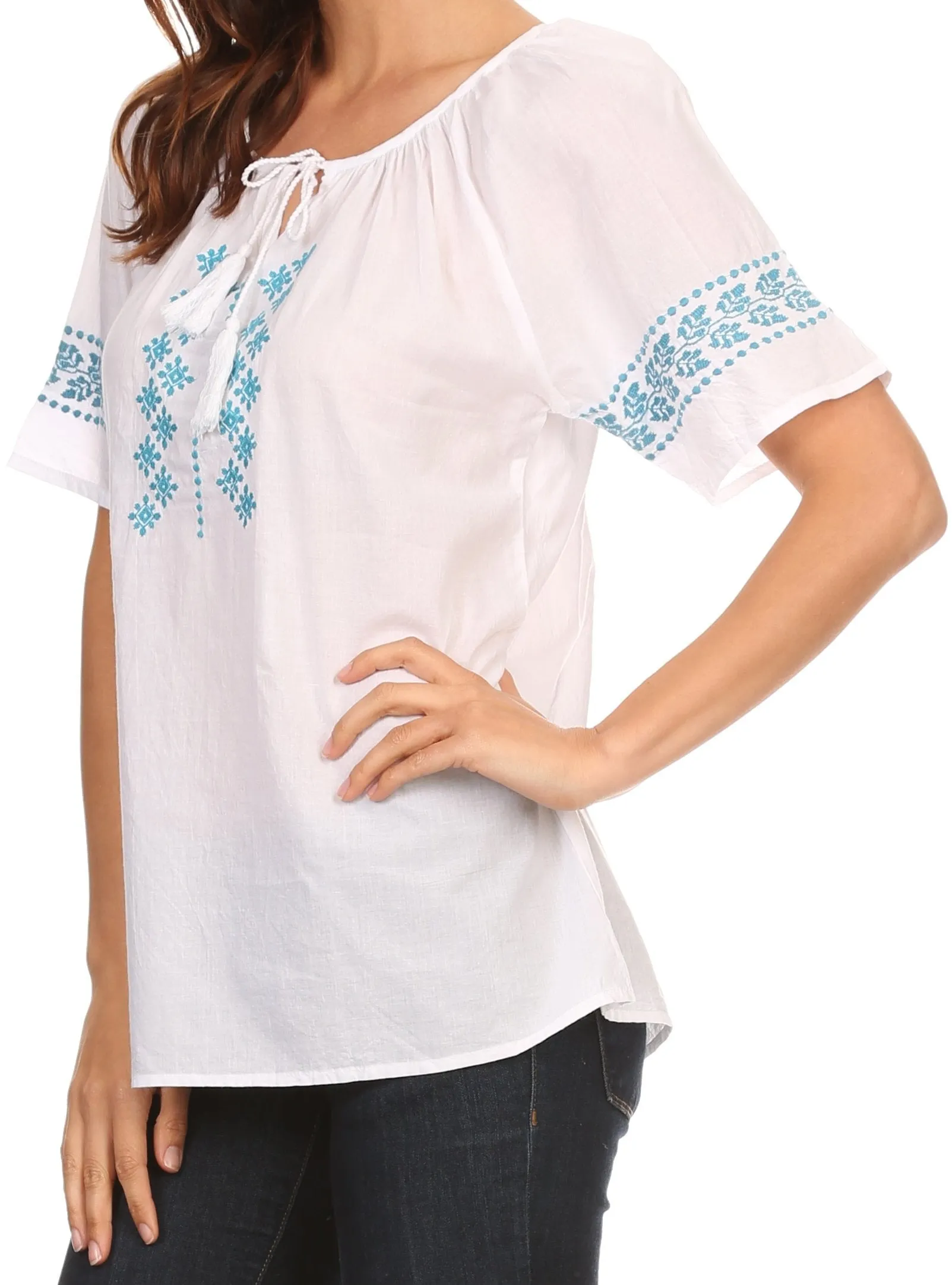 Sakkas Jeanita Embroidered Cotton Boho Short Sleeve Top Blouse With Front Tie