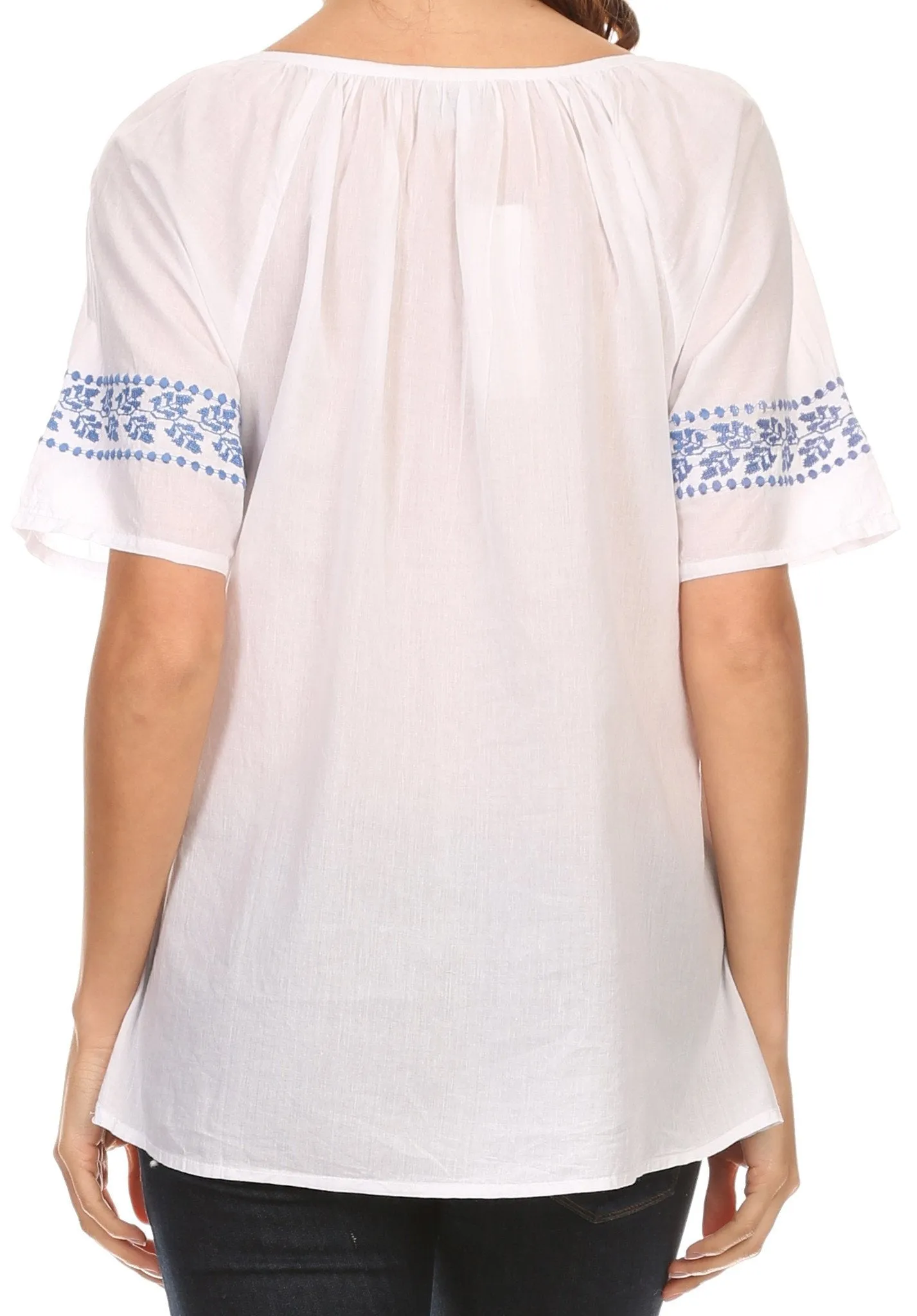 Sakkas Jeanita Embroidered Cotton Boho Short Sleeve Top Blouse With Front Tie