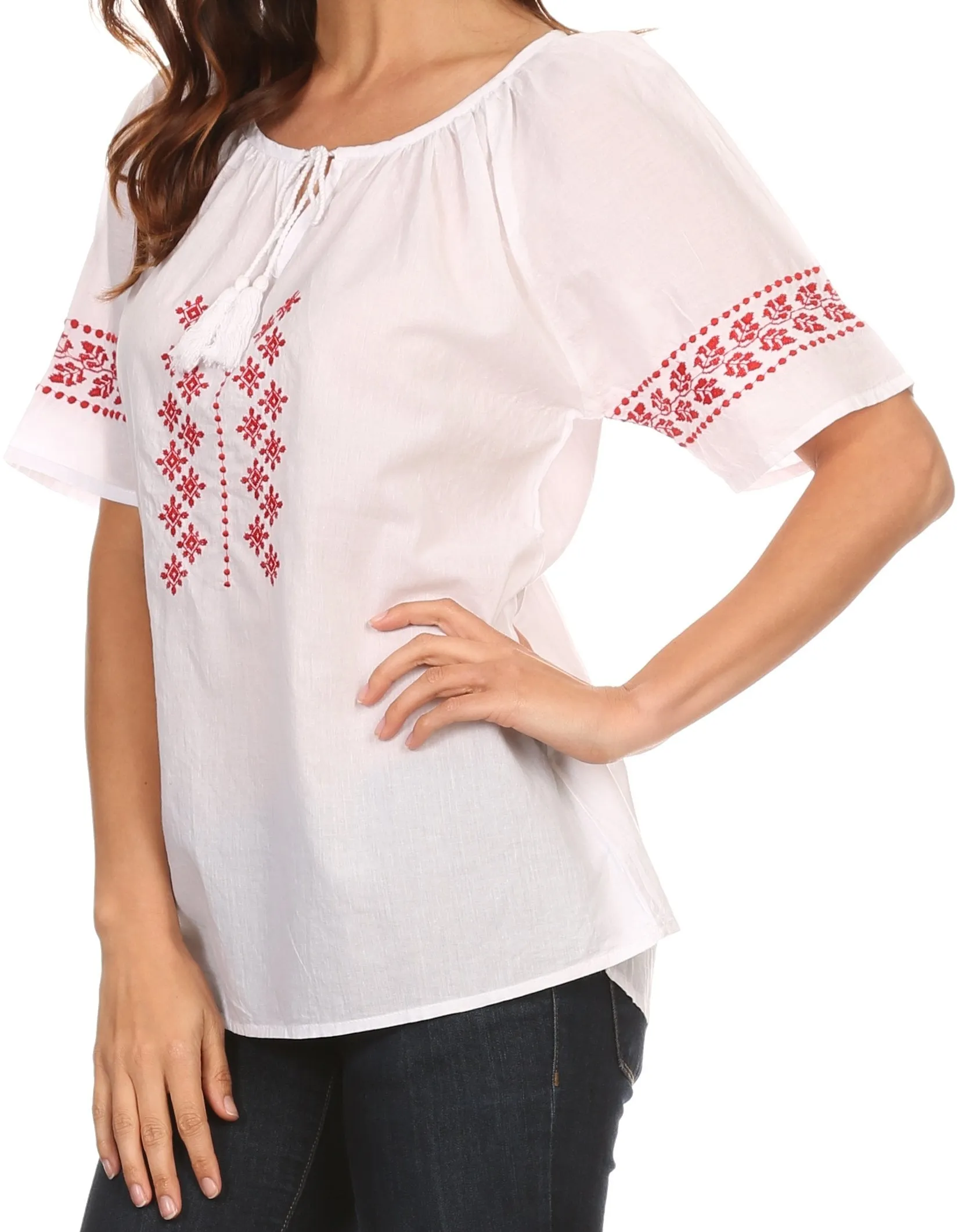 Sakkas Jeanita Embroidered Cotton Boho Short Sleeve Top Blouse With Front Tie