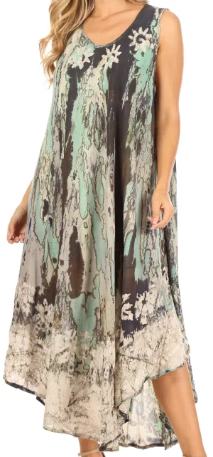 Sakkas Julia Boho Flared Multi-color Marble Batik Cotton Long Dress  / Cover Up