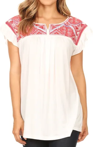 Sakkas Kimi Split Neck Embroidered Top with Flutter Sleeve