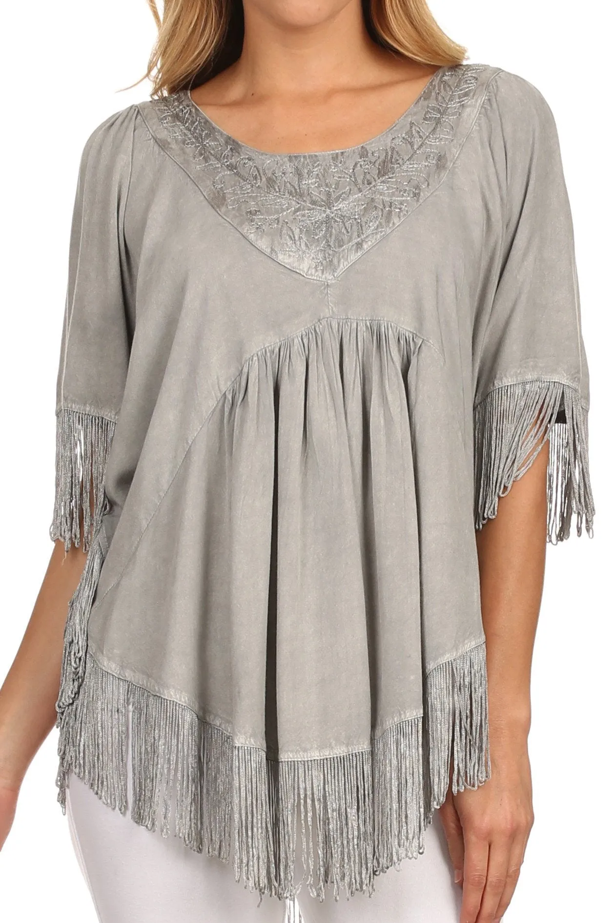 Sakkas Lilly Boho Embroidered Fringe Poncho Top