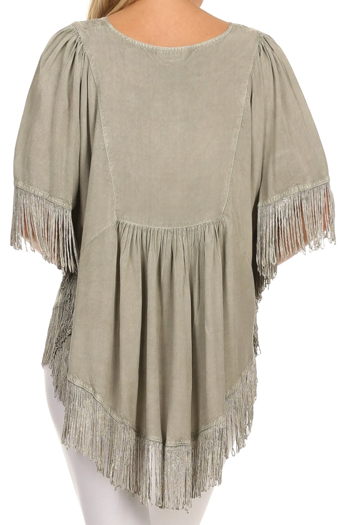 Sakkas Lilly Boho Embroidered Fringe Poncho Top