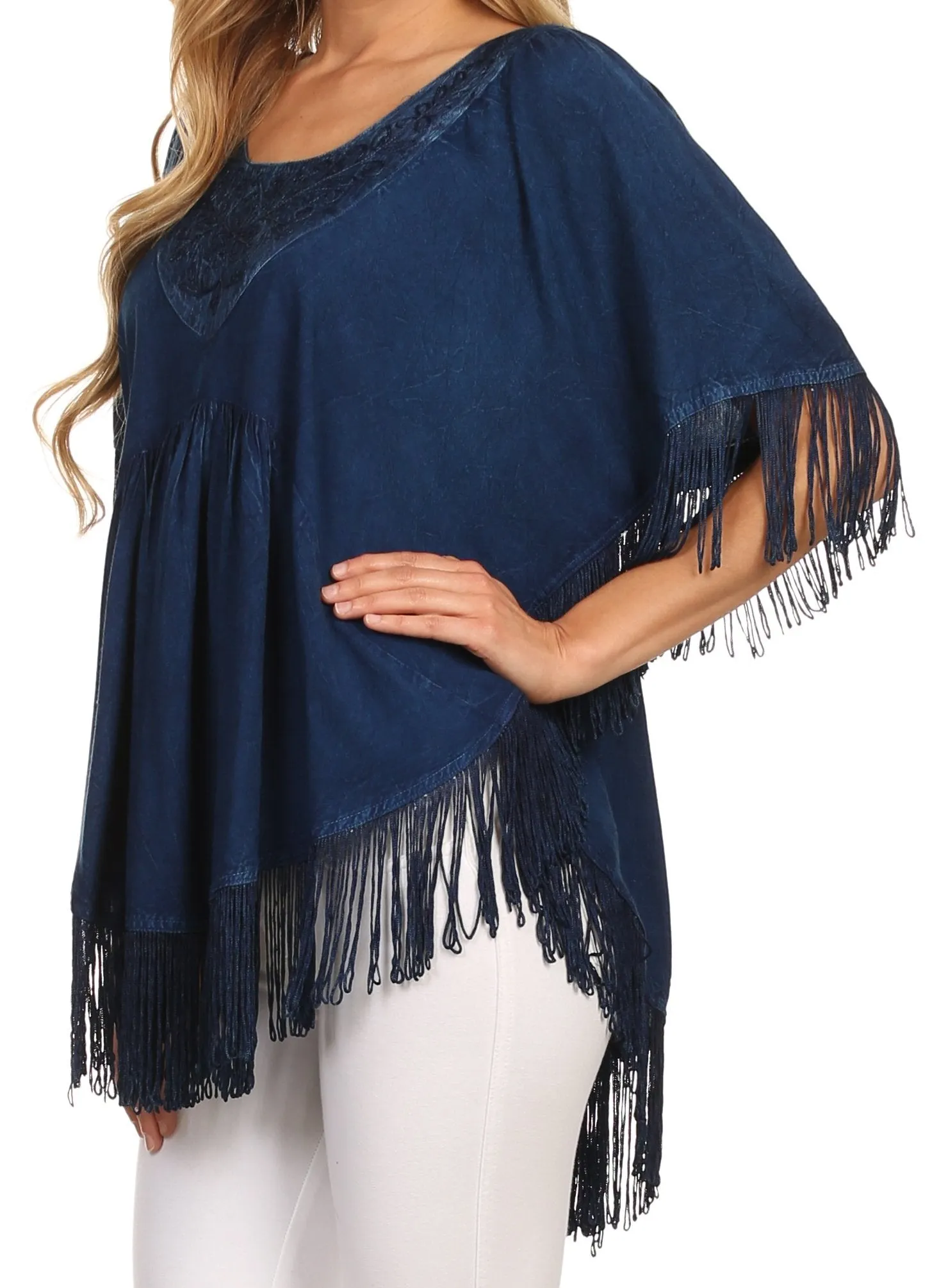 Sakkas Lilly Boho Embroidered Fringe Poncho Top