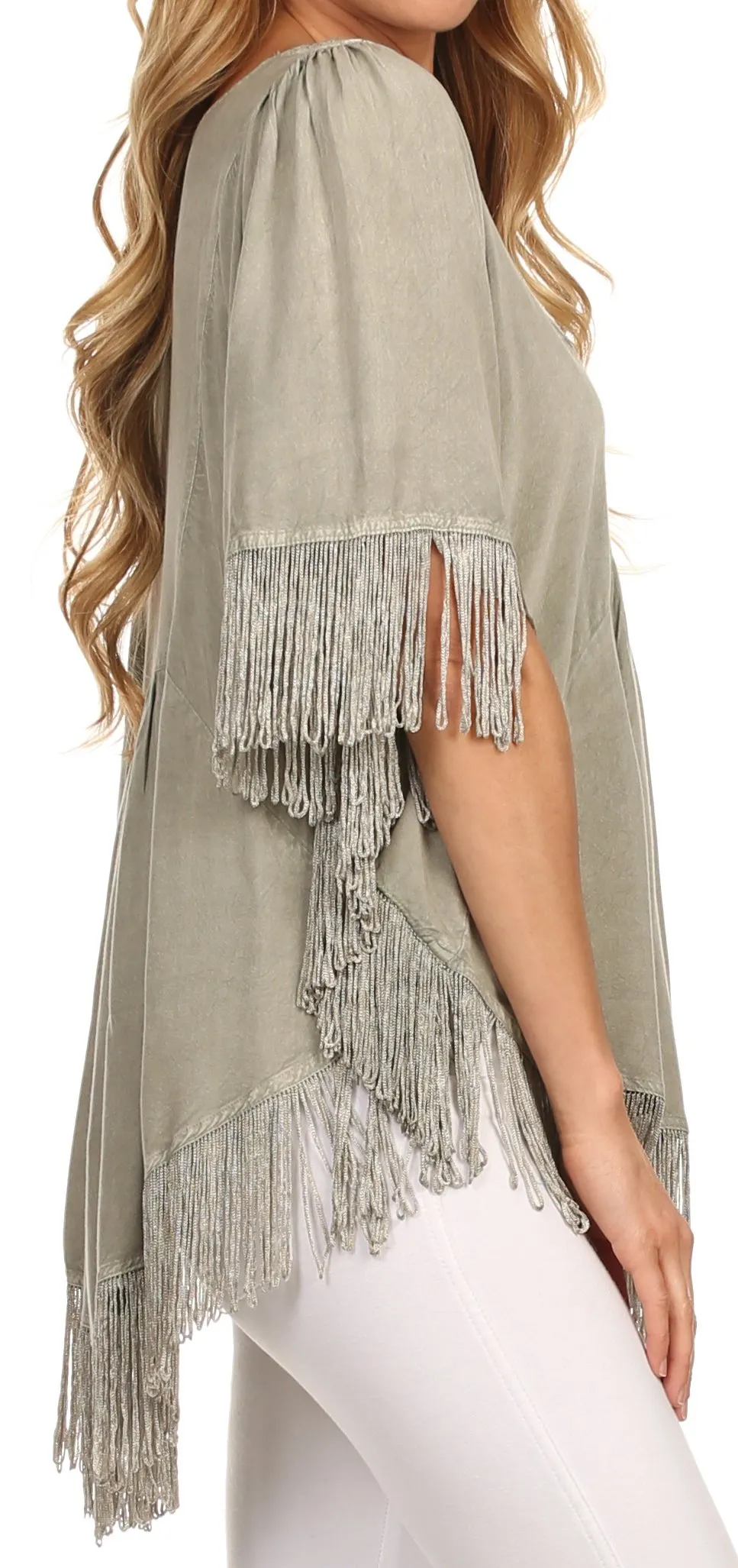 Sakkas Lilly Boho Embroidered Fringe Poncho Top