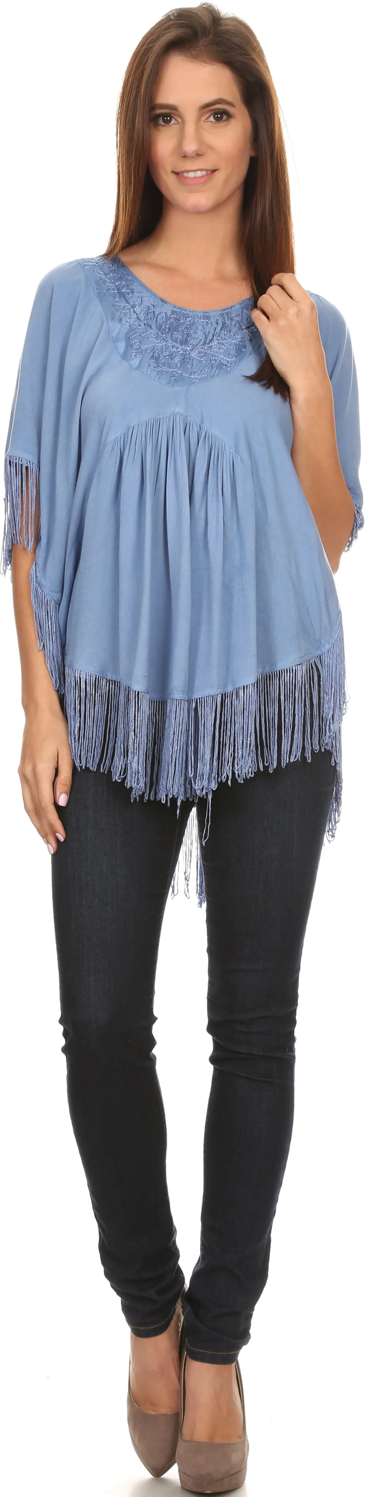 Sakkas Lilly Boho Embroidered Fringe Poncho Top